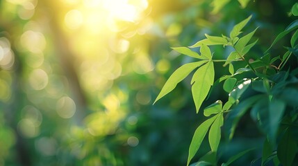 Poster - Concept nature view of green leaf on blurred greenery background in garden and sunlight with copy space using as background natural green plants landscape ecology fresh wallpaper : Generative AI