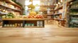 © Generative AI - Shinny empty natural wooden counter top in an ecofriendly grocery store with beautiful wooden products shelf in background Nobody Healthy products display Day light Blurred Selective f : Generative AI