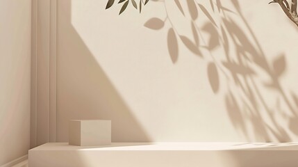 Poster - Minimalistic abstract gentle light beige background for product presentation with light andand intricate shadow from the window and vegetation on wall : Generative AI