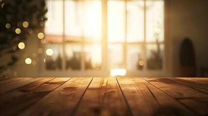 Poster - The empty wooden brown table top with blur background of home room in winter Exuberant image : Generative AI