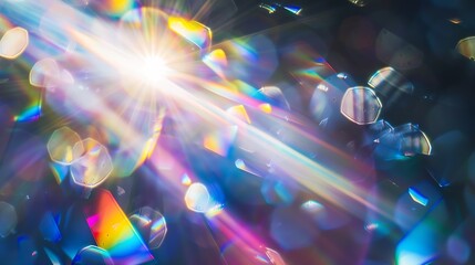 Poster - Blue light flare prism rainbow flares overlay effect on black background light crossing crystals prismatic sun catcher reflections rays Abstract blurred colourful lens flare bokeh on d : Generative AI