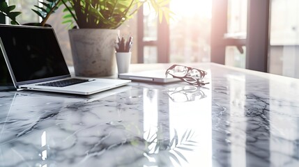 Aufkleber - Office workplace with laptop and copy space on marble table : Generative AI