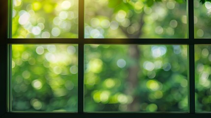Aufkleber - Window view with Blur green bokeh light outdoor natural garden : Generative AI