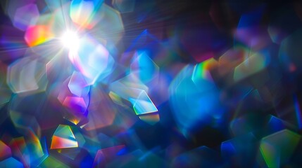 Poster - Blue light flare prism rainbow flares overlay effect on black background light crossing crystals prismatic sun catcher reflections rays Abstract blurred colourful lens flare bokeh on d : Generative AI