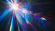 © Generative AI - Blue light flare prism rainbow flares overlay effect on black background light crossing crystals prismatic sun catcher reflections rays Abstract blurred colourful lens flare bokeh on d : Generative AI