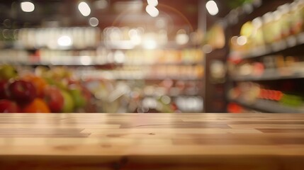 Aufkleber - Tabletop view on modern product display in grocery or department store with wooden table and blurred backdrop for advertising and promotion on table showcase Flawless : Generative AI