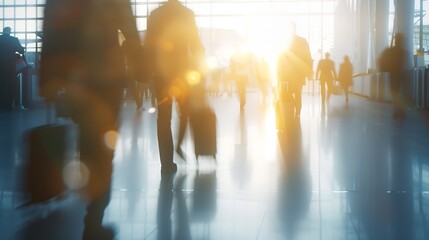 Anonymous blurred crowd of business people walks by gear on a trade fair or in an airport : Generative AI