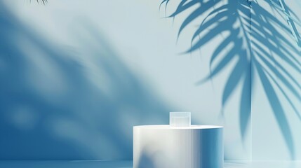 Minimal abstract bluewhite background for the presentation of a cosmetic product Premium podium with a shadow of tropical palm leaves on a blue wall and white table Showcase display ca : Generative AI