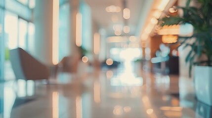 Aufkleber - Blurred hotel or office building lobby blur background interior view toward reception hall modern luxury white room space with blurry corridor and building glass wall window : Generative AI