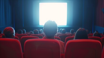 Aufkleber - Cinema blank screen and people in red chairs in the cinema hall Blurred People silhouettes watching movie performance : Generative AI