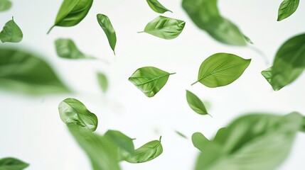 Canvas Print - Flying green leaves on white background : Generative AI