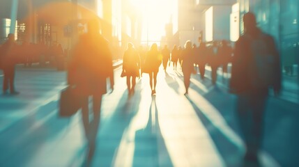 Poster - City commuters High key blurred image of workers going back home after work Unrecognizable faces bleached effect : Generative AI