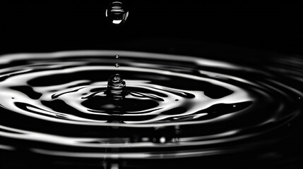 Fototapete - Panorama Water ripples from a drop of water in the dark water drop dark tone Abstract black circle water drop ripple Liquid texture backgroundRippled liquid with mood effect in black a : Generative AI