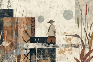 Wall Mural - A contemporary wallpaper illustration featuring a rice farmer surrounded by geometric abstractions and organic textures, symbolizing, Generative AI