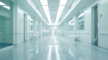 Poster - Blurred background of an interior of a modern hospital with an empty long corridor there are treatment rooms and waiting room for patients and families between the corridor with bright : Generative AI