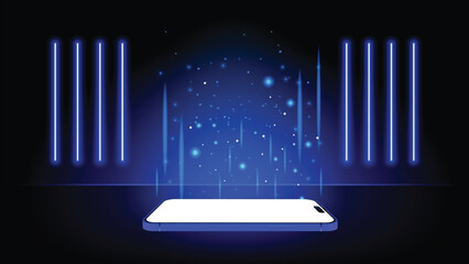 Poster - Luminous Smartphone Screen: Technology Mobile Display Light Vector Illustration. Abstract Cellphone Device Glowing in the Dark with Sparkles. Editable Layered Vector Template.