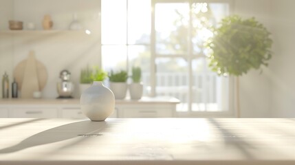 Aufkleber - Empty modern coffee kitchen table countertop platform and blurry soft light window and cozy home interior background for product and biseness presentations place for design and product : Generative AI