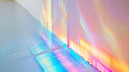 Fototapete - Blurred rainbow light refraction texture overlay effect for photo and mockups Organic drop diagonal holographic flare on a white wall Shadows for natural light effects : Generative AI