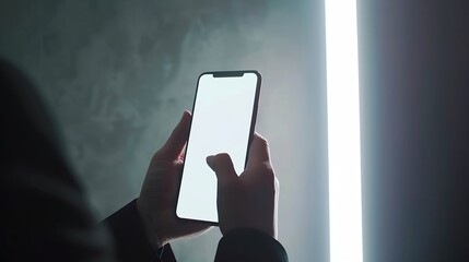 Poster - Closeup of a businessman hand holding a smartphone white screen is blank the background is blurredMockup : Generative AI