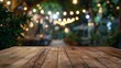 perspective wooden board over bokeh and blurred garden of restaurant at night : Generative AI
