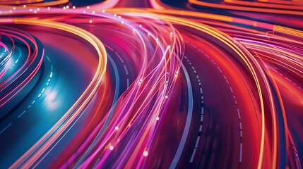 Poster - Panoramic  Cars light trails at night in a curve  asphalt road at night long exposure image : Generative AI