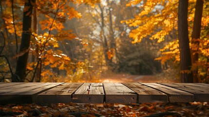 Aufkleber - The empty rustic wooden table for product display with blur background of autumn forest Exuberant image : Generative AI