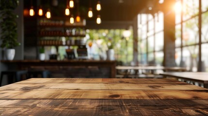 Wall Mural - Empty wooden table in front of abstract blurred background of coffee shop  wood table in front can be used for display or montage your productsMock up for display of product : Generative AI