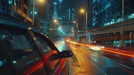 Aufkleber - Motion time of a speedy night drive in a big city ending in the underground car parking Side view from the car window to the road with light trails from vehicles and street lights : Generative AI