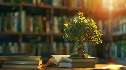Fototapete - Wooden tree with books on blur background of library with bookshelf Flawless : Generative AI
