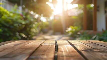 Aufkleber - Empty wooden table space with green home backyard view blur background for advertising template : Generative AI