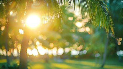 Aufkleber - Blur nature bokeh green park by beach and tropical coconut trees in sunset time : Generative AI