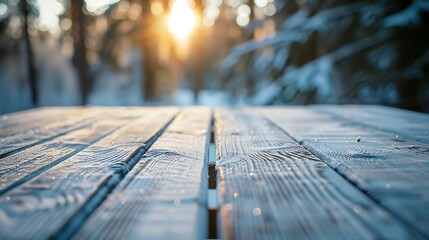 Poster - The empty wooden table top with blur background of winter in Finland Exuberant image : Generative AI