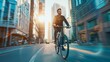 Fast bicycle and business man in city for morning commute and carbon neutral transportation Travel sustainability and cycling with male employee in urban town for motion blur speed and : Generative AI