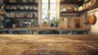 Empty textured wooden table and kitchen window shelves blurred background : Generative AI
