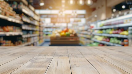 Aufkleber - Tabletop view on modern product display in grocery or department store with wooden table and blurred backdrop for advertising and promotion on table showcase Flawless : Generative AI