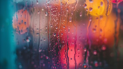 Poster - Closeup through window of rainy day with water dripping down glass against blurred colorful background : Generative AI