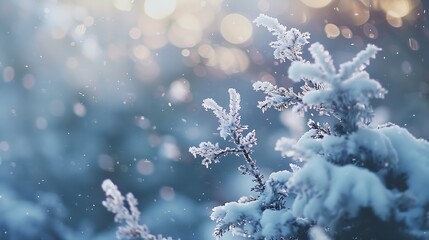 Aufkleber - Snowcovered plants in winter forest during snowfall Macro image shallow depth of field Winter nature background : Generative AI