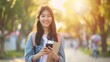 Cheerful beautiful young woman student posing at university or college campus outdoors carrying backpack holding smartphone and course books copy space blurred background Education con : Generative AI