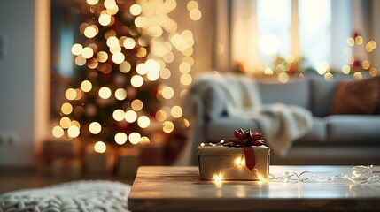 Aufkleber - Beautiful blurred interior of a living room decorated for Christmas in warm cozy brown tones Christmas tree lights and gifts out of focus : Generative AI