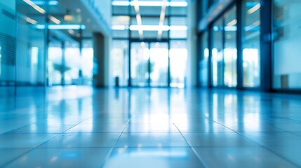 Leinwandbilder - Blurred abstract background interior view looking out toward to empty office lobby and entrance doors and glass curtain wall with frame  blue white balance processing style : Generative AI