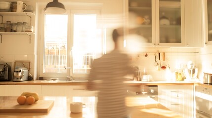 Interior view of the bright and modern kitchen with a blurred in motion human figure : Generative AI