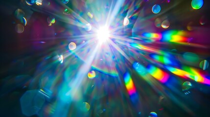 Aufkleber - Blue light flare prism rainbow flares overlay effect on black background light crossing crystals prismatic sun catcher reflections rays Abstract blurred colourful lens flare bokeh on d : Generative AI