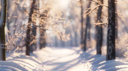 Poster - Trees and pathway covered with snow in winter park blurred view : Generative AI