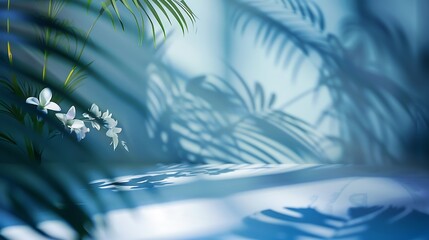 Poster - Abstract gradient blue studio background for product presentation Empty room with shadows of window and flowers and palm leaves  3d room with copy space Summer concert Blurred backdrop : Generative AI