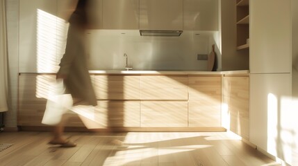 Stylish kitchen interior of modern apartment with motion blurred female person walking inside Interior made in white and beige tones with wooden kitchen front and floor : Generative AI