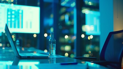 Leinwandbilder - Blurred office background Modern Empty Meeting Room with Big Conference Table with Various Documents and Laptop on it Wall TV Showing Company Statistics Graphs Late Evening or Night Ci : Generative AI