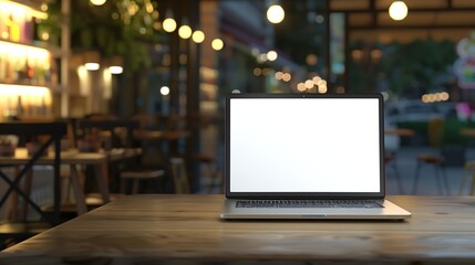 Aufkleber - Laptop with blank screen on wood table with cafe coffee shop blur background : Generative AI