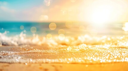 Aufkleber - Summer holiday concept concept Abstract blur beach with yellow and blue sky sunrise background : Generative AI