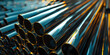Stainless steel pipes at the factory,A stack of copper pipes in a warehouse.

