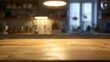 Wooden table top view for product montage over blurred kitchen interior background : Generative AI